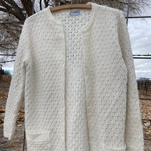 Vtg 70s Women's White Knit Sweater Cuddle Knit Posh, Preppy Small